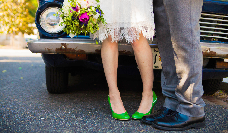 Green shoes standing together